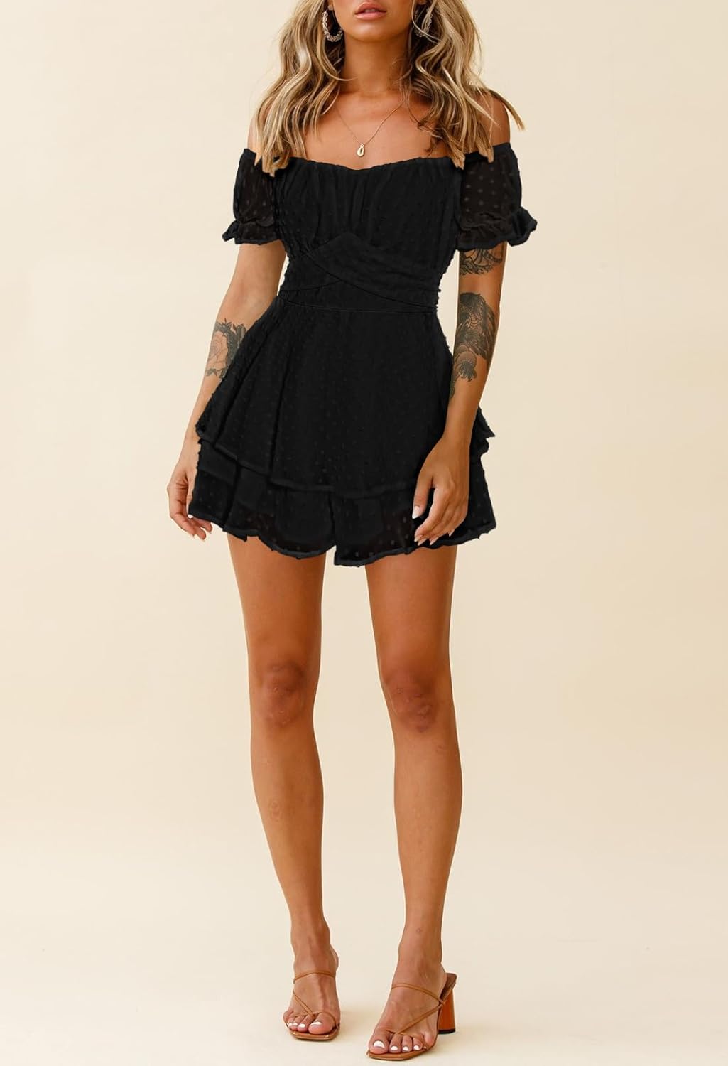 Fixmatti Women Boho Romper Off Shoulder Ruffle Chiffon Shorts Jumpsuit Playsuits - Image 6