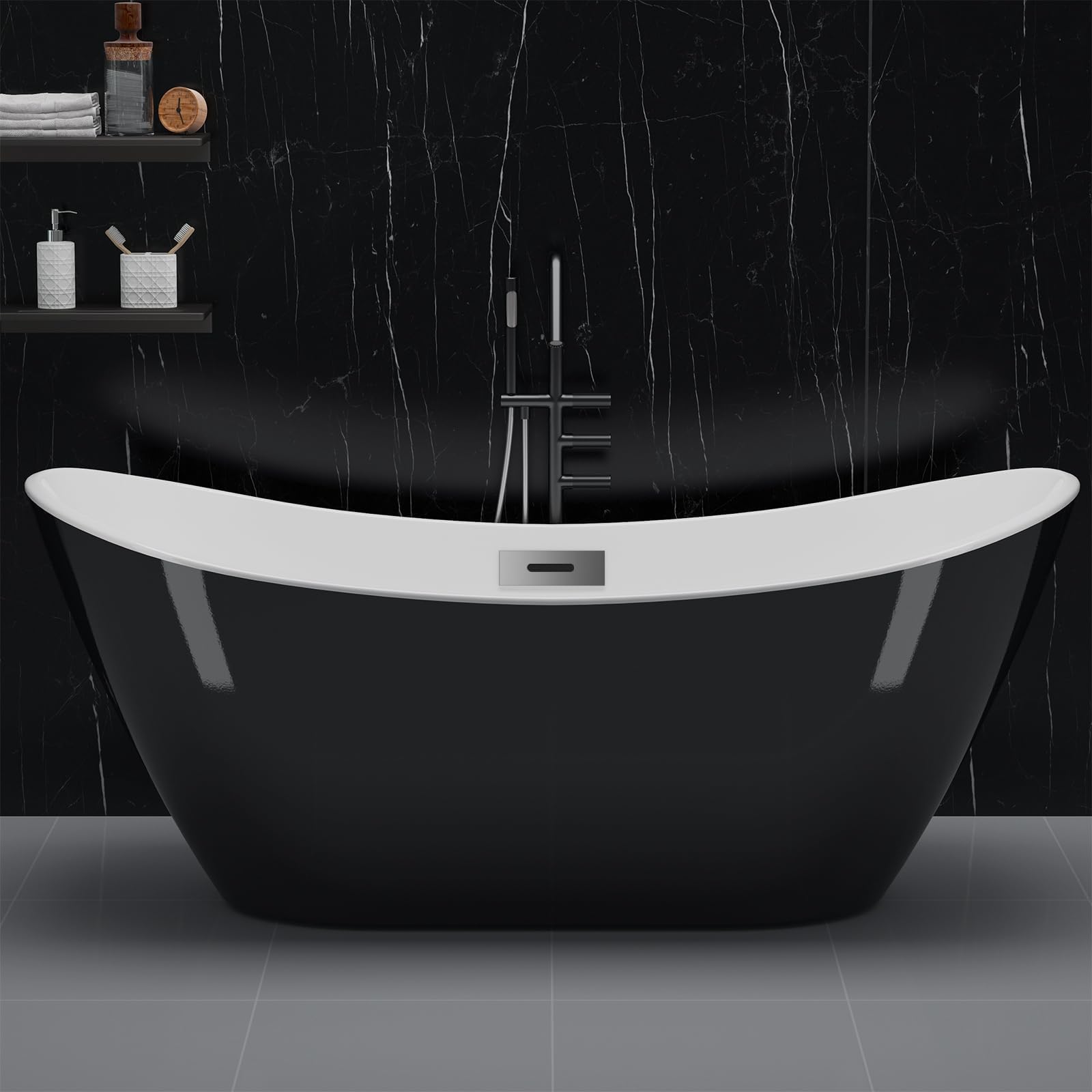 67''Acrylic Freestanding Bathtub, Soaking Tub, Stand Alone Bathtub with Chrome Drain and Overflow, Modern Deep Upright Bath Tub for Bathroom, Easy Clean, Elegant Style, Black