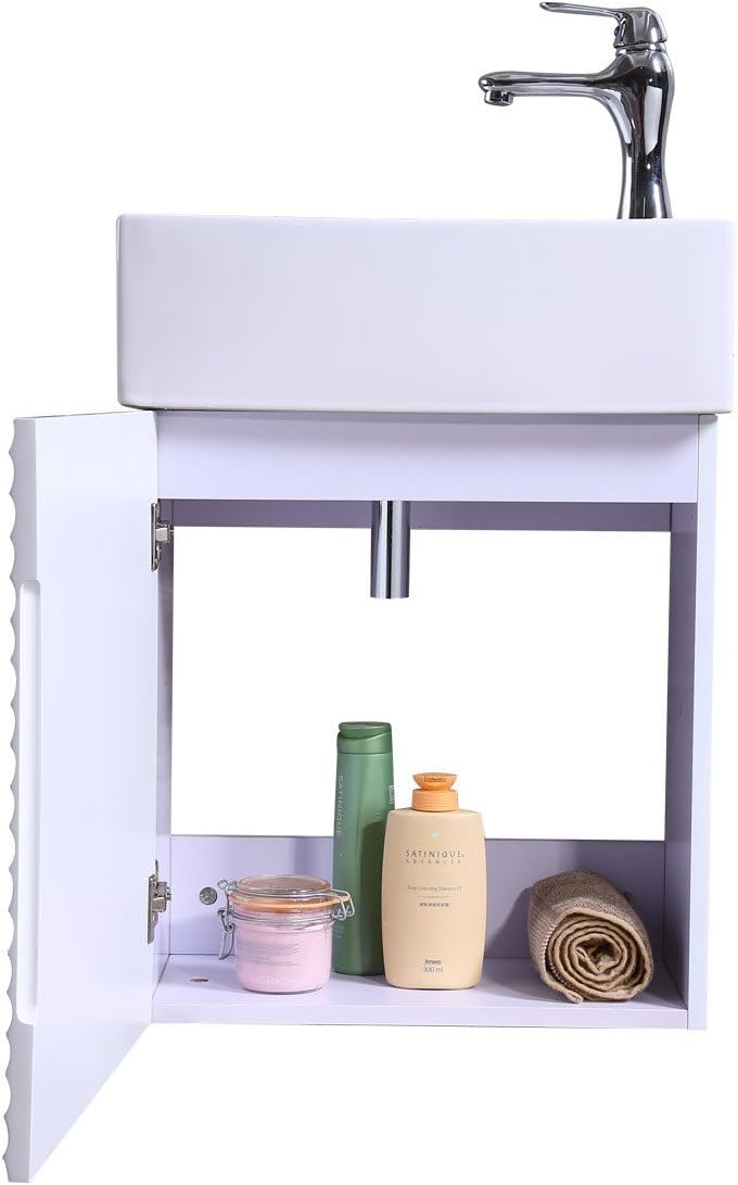 Ripple Narrow Wall Mount Cabinet Vanity Sink, White, 17.75 in