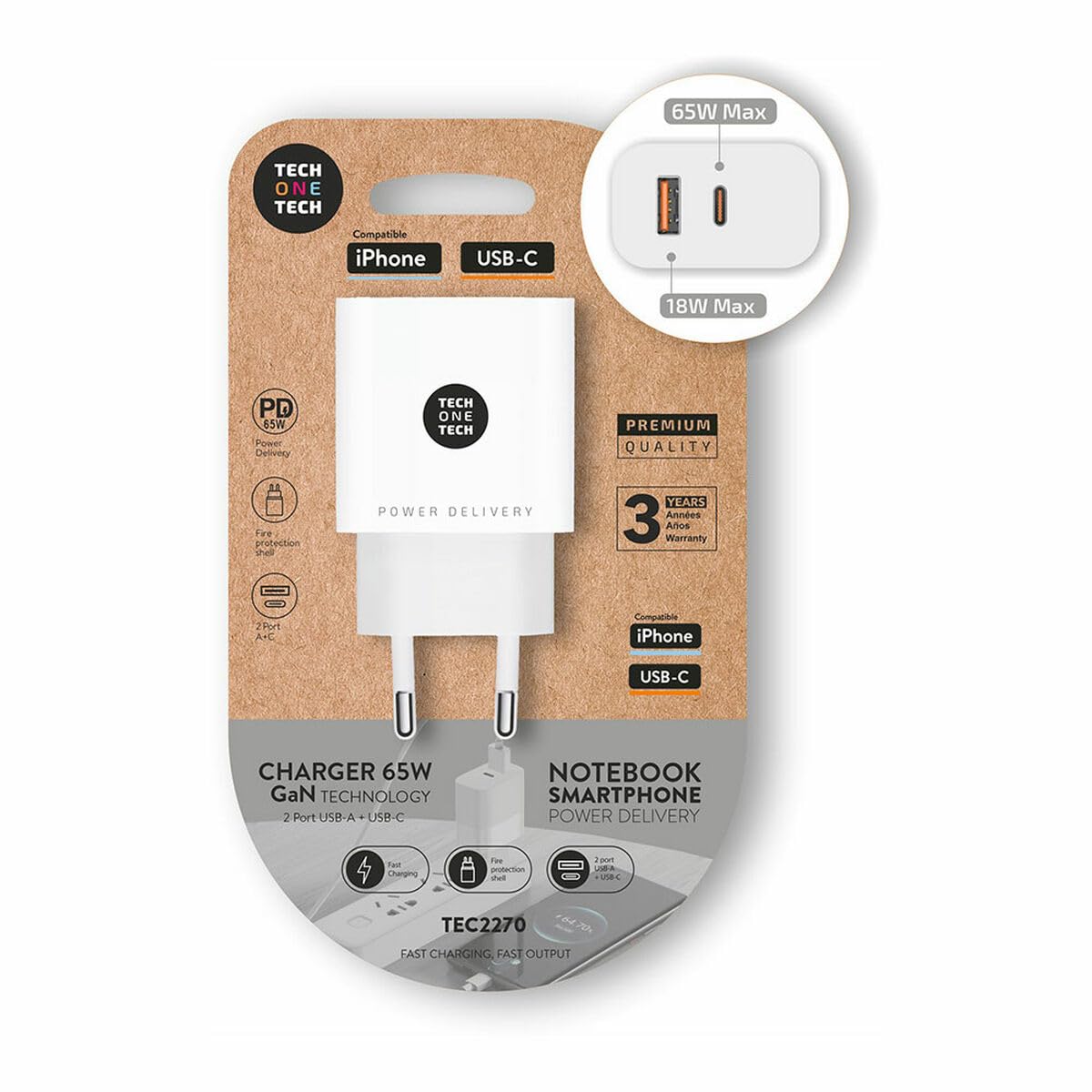 Cargador de Pared GaN Tech One Tech GaN TEC2270/ 1xUSB Tipo-C/ 1xUSB/ 65W/ Blanco