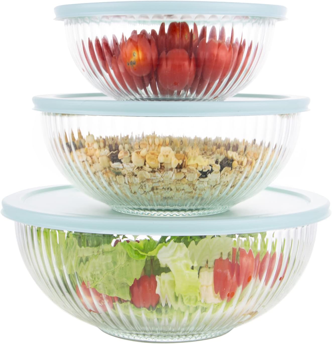 WhiteRhino Glass Mixing Bowls Glass Bowls with Lids Set(4.5QT,2.7QT, 1.1QT),Large Salad Bowls,glass mixing bowl Space-Saving Nesting Storage bowls for Cooking,Baking,Prepping,Dishwasher Safe