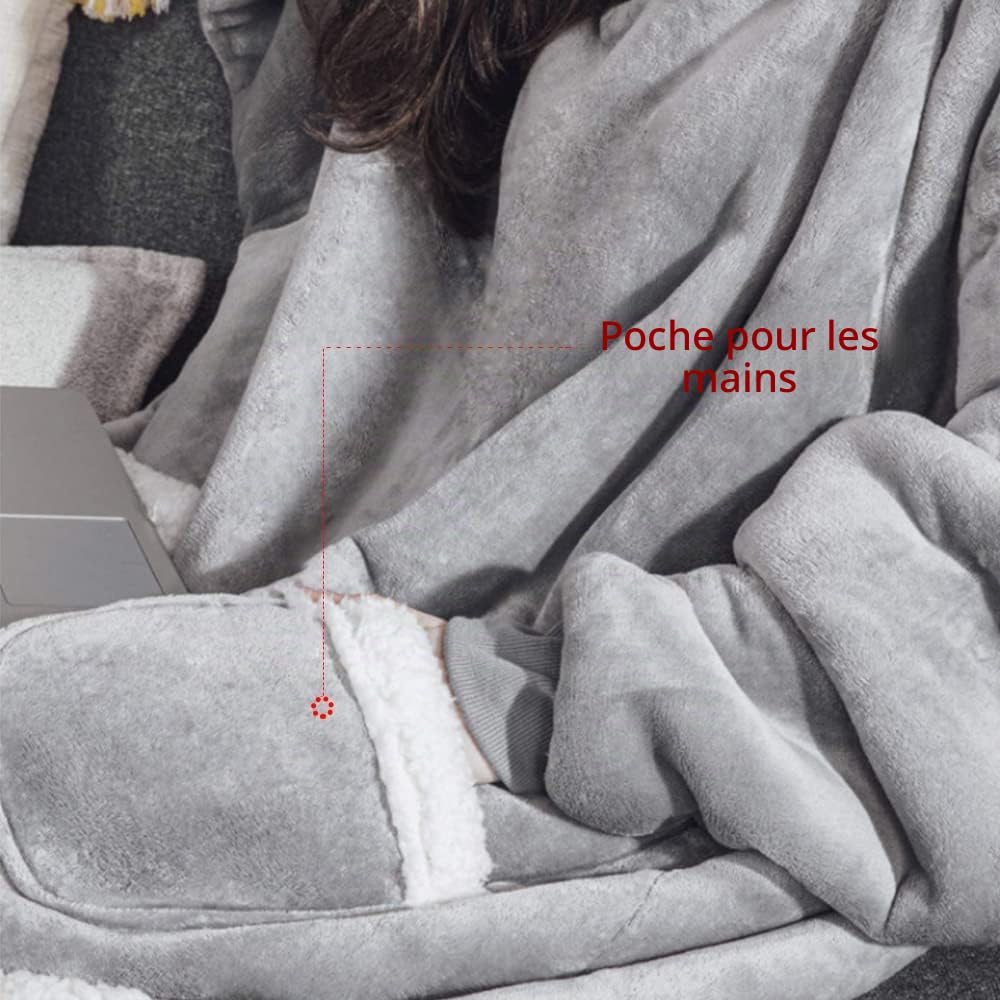 Emwwat Couverture à capuche extra longue surdimensionnée en Sherpa pour homme et femme, couverture à capuche prête-à-porter avec manches et poche géante (gris, 150 cm de long)