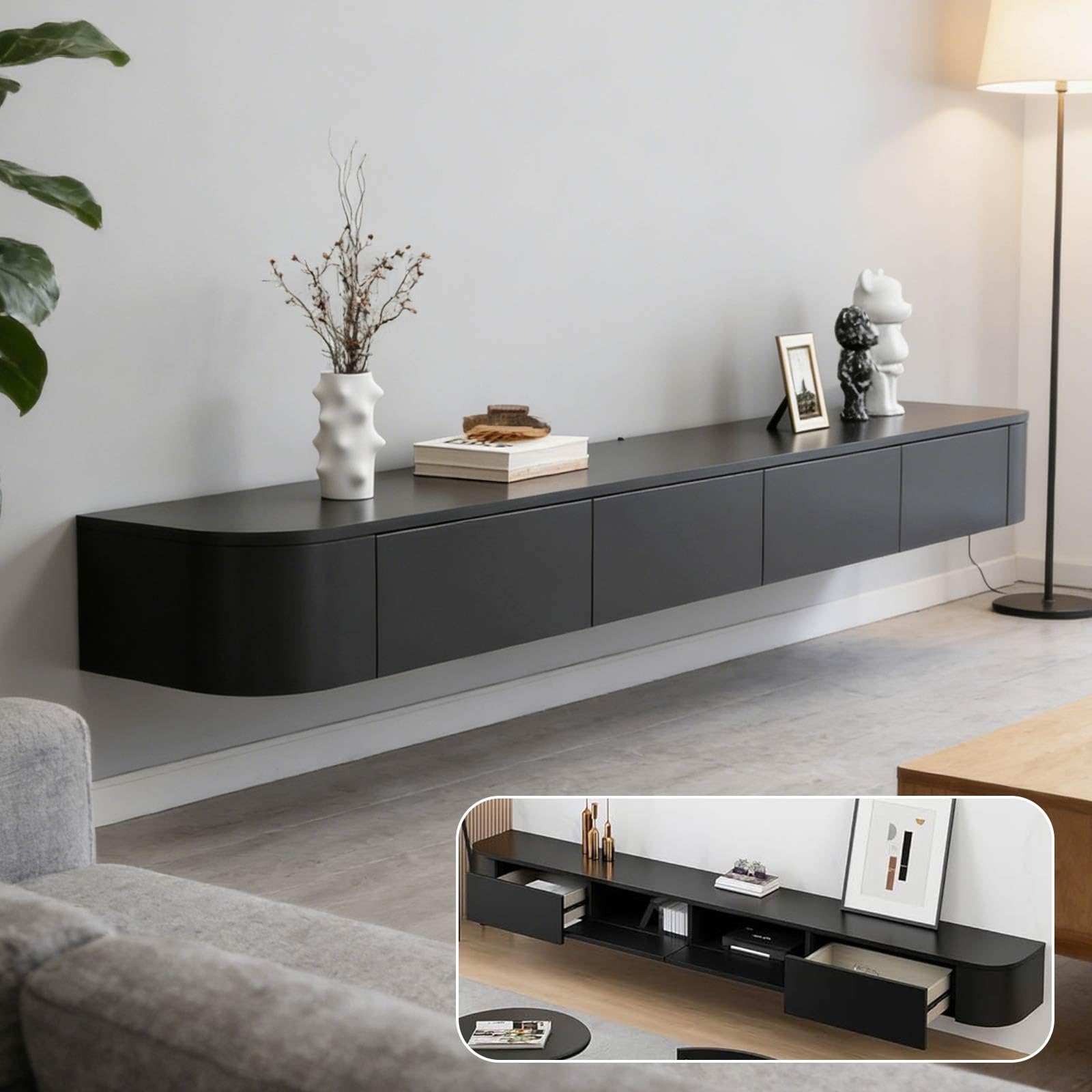 Moderner, schwimmender TV-Ständer – Wandmontierte TV-Schrankkonsole für Wohnzimmer/Schlafzimmer, 240 cm, schwarzer Aufbewahrungsschrank mit Türen, stilvolles Media-Center für Fernseher 120–300 cm