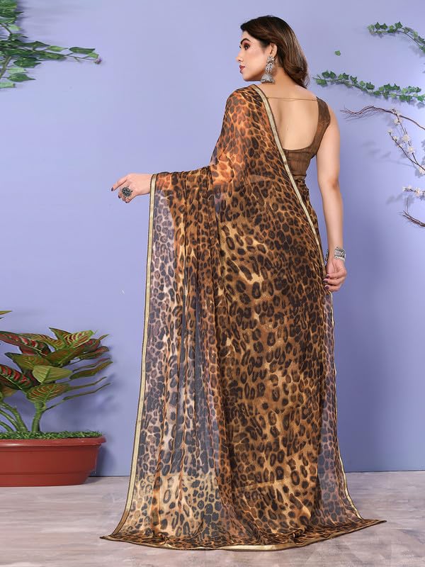 Satrani Women's Chiffon Animal Print & Lace Saree With Unstitched Blouse Piece (3296S573Na_Dark Brown2)