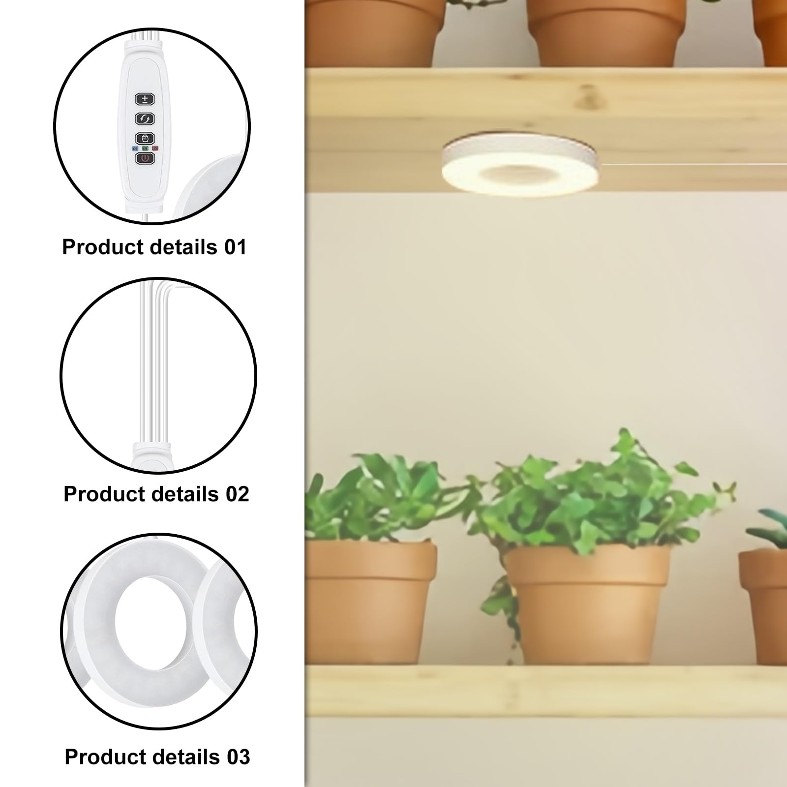 Lampe LED pour plantes à spectre complet avec minuterie automatique 3/9/12H et adaptateur USB, 3 couleurs, 10 niveaux de luminosité (blanc, 4 têtes)