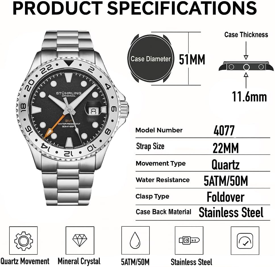 Stuhrling Original Equinox GMT 4077 Men's Quartz GMT Watch – Dual-Time Movement, Bi-Directional Bezel, Stainless Steel Bracelet