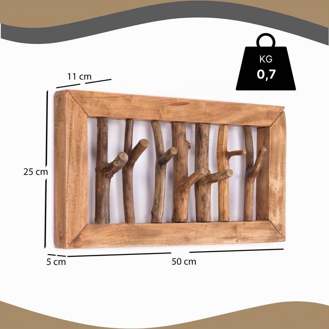 Äste WANDGARDEROBE Leonor 50 | 7 Haken, Holz, 50 cm | Garderobenpaneel, Natur Kleiderhaken, Deko Wandhaken, Flurgarderobe, Hakenleiste