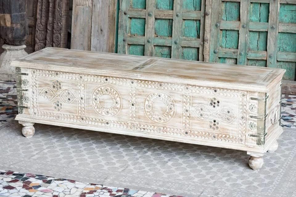 Indian Hand Brass Work Rustic Solid Wooden Chest Blanket Box Storage Indian Wooden Hand Carved Storage Trunk for Living Room, Bedroom