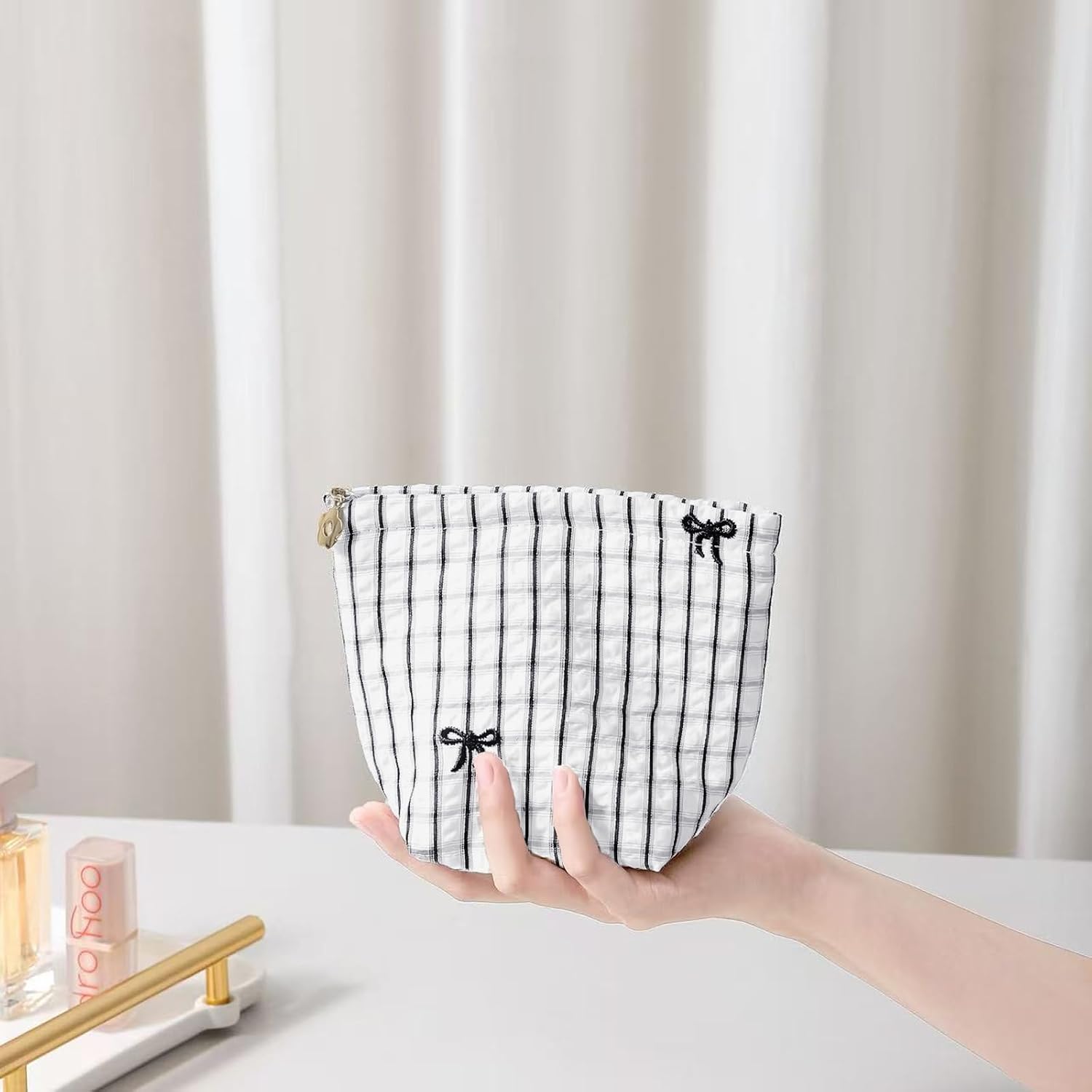 HAPPYHEIDI Large Makeup Bag Set 2 Travel Cosmetic Pouch, White Plaid image 3