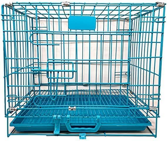 Foldable Metal Wire Dog Cage, Crate, Carrier with Tray for Small Adult Dogs, Foldable Single Door, Removable Base Tray, Manual Locking Mechanism, Blue - 18 Inch