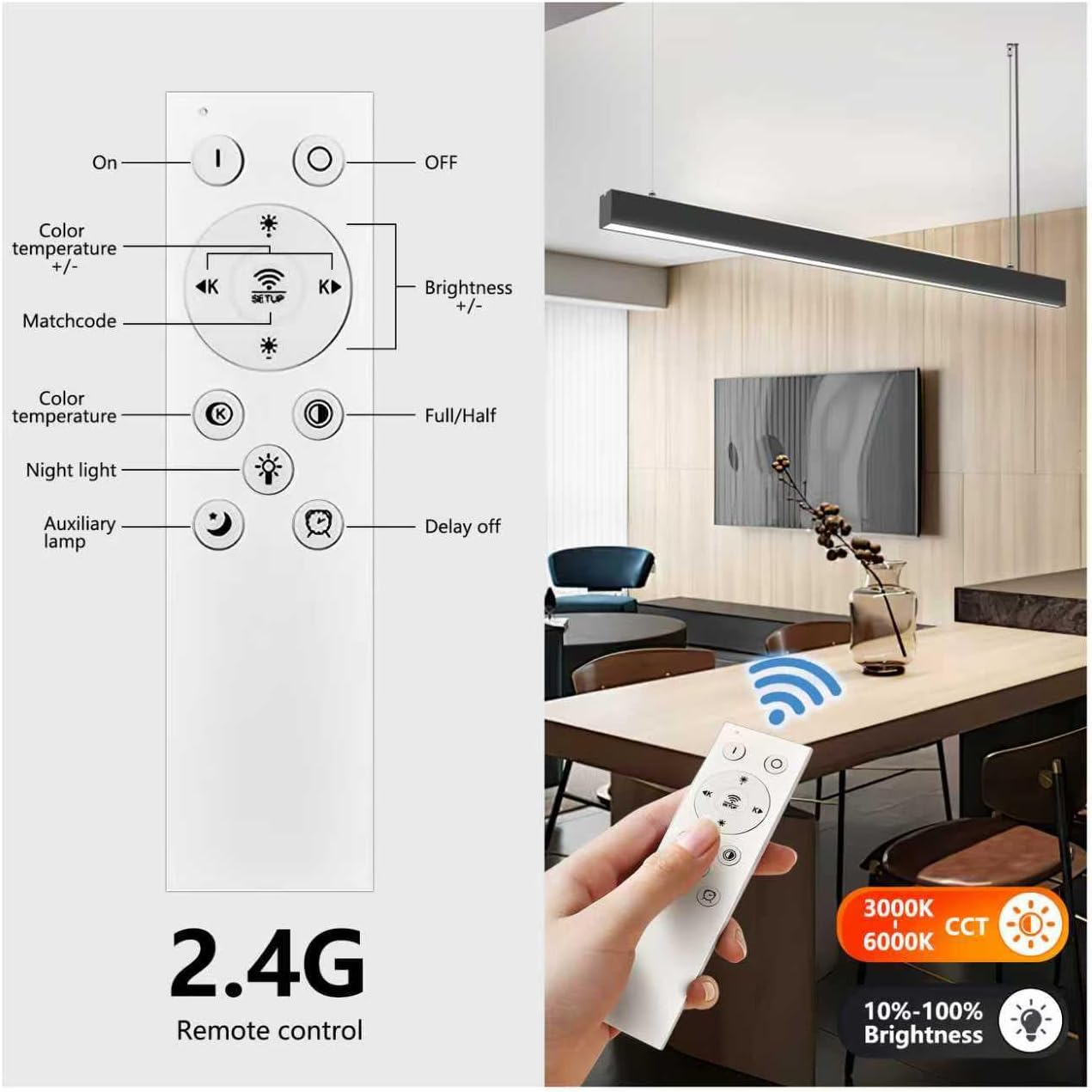 3370 4FT Linear Pendant Light with Remote, 4FT 43W Downlight and 7W Uplight 2.4G Dimmable LED Hanging Light, Shop Light, Set Brightness from Your Couch, for Kitchen, Garage, Living Room