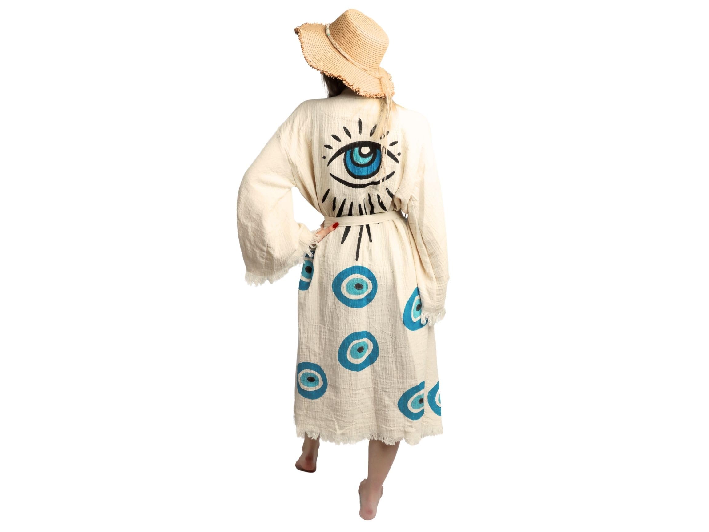 ICONIUM FASHION EVIL EYE Printed Kimono L-XL, Turkish, Muslin Ethnic Kimono, Bathrobe, Boho Beachwear, Spa Robe, Beachwear Cover Up