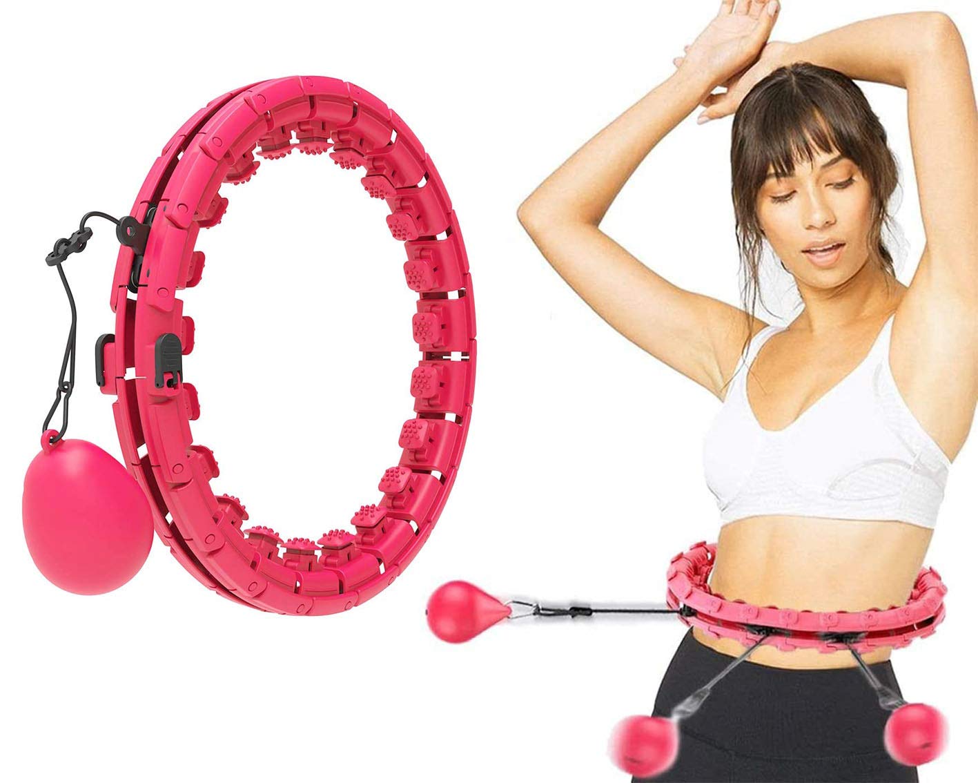 Weighted Hoola Hoops for Adults & Kids Beginners Exercising 2 in 1 Abdomen Fitness Weight Loss Massage 360° Auto-Spinning 24 Detachable Knots Adjustable Size Non-Fall Hula Fitness Hoop