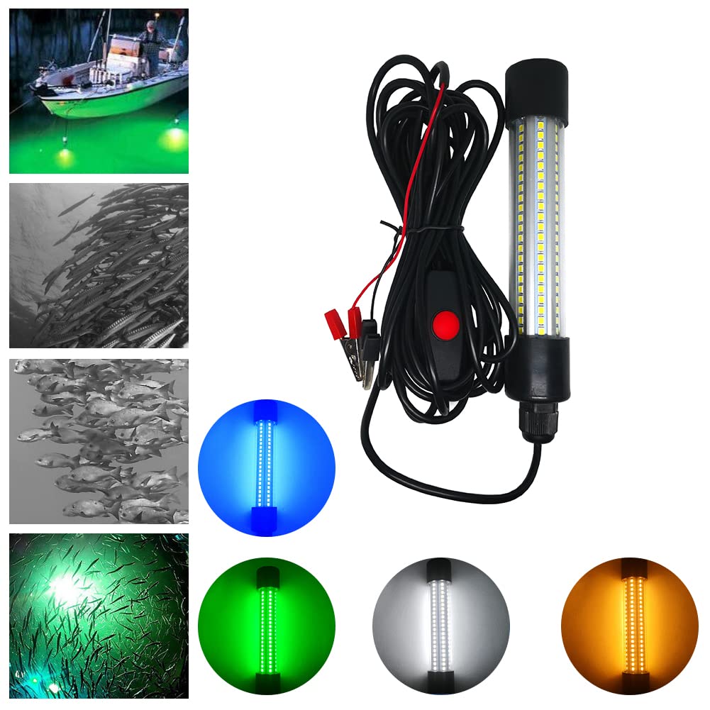 Luce di Pesca Subacquea, IP68 LED Cattura Pesci notturni, Luce di Pesca della zattera, 12V-24V 13W, con 5M Cavo e Clip di Coccodrillo, Colore Verde/Blu/Bianco Opzionale