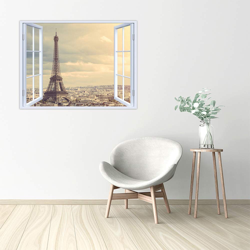 LuxHomeDecor Quadro finestra su parigi 100x75 cm Stampa su Tela con Telaio in Legno Arredamento Arte Arredo Moderno