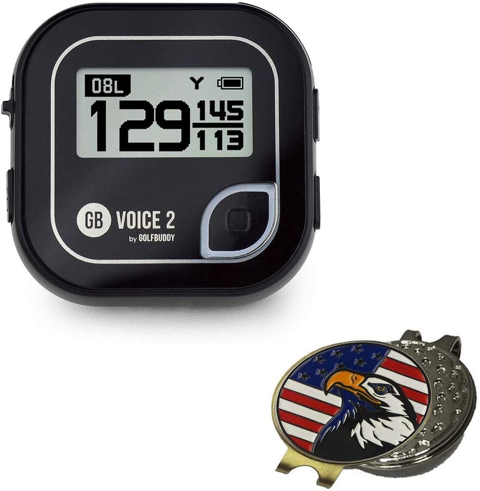 Bundle  Golf Buddy Voice 2 GolfBuddy Voice2 Easy-to-Use Talking GPS, Black + 1 Custom Ball Marker Hat Clip Set (American Eagle)