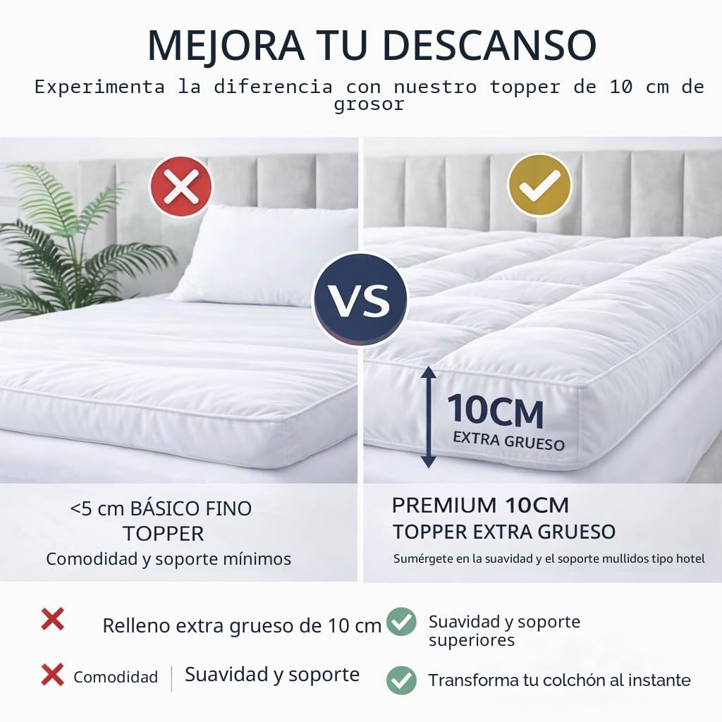 4All Cubrecolchón de microfibra, acolchado de 10 cm de grosor, relleno de 1400 g/m², extra suave y transpirable, soporte de cojín profundo, hipoalergénico con correas de esquina seguras (Super King
