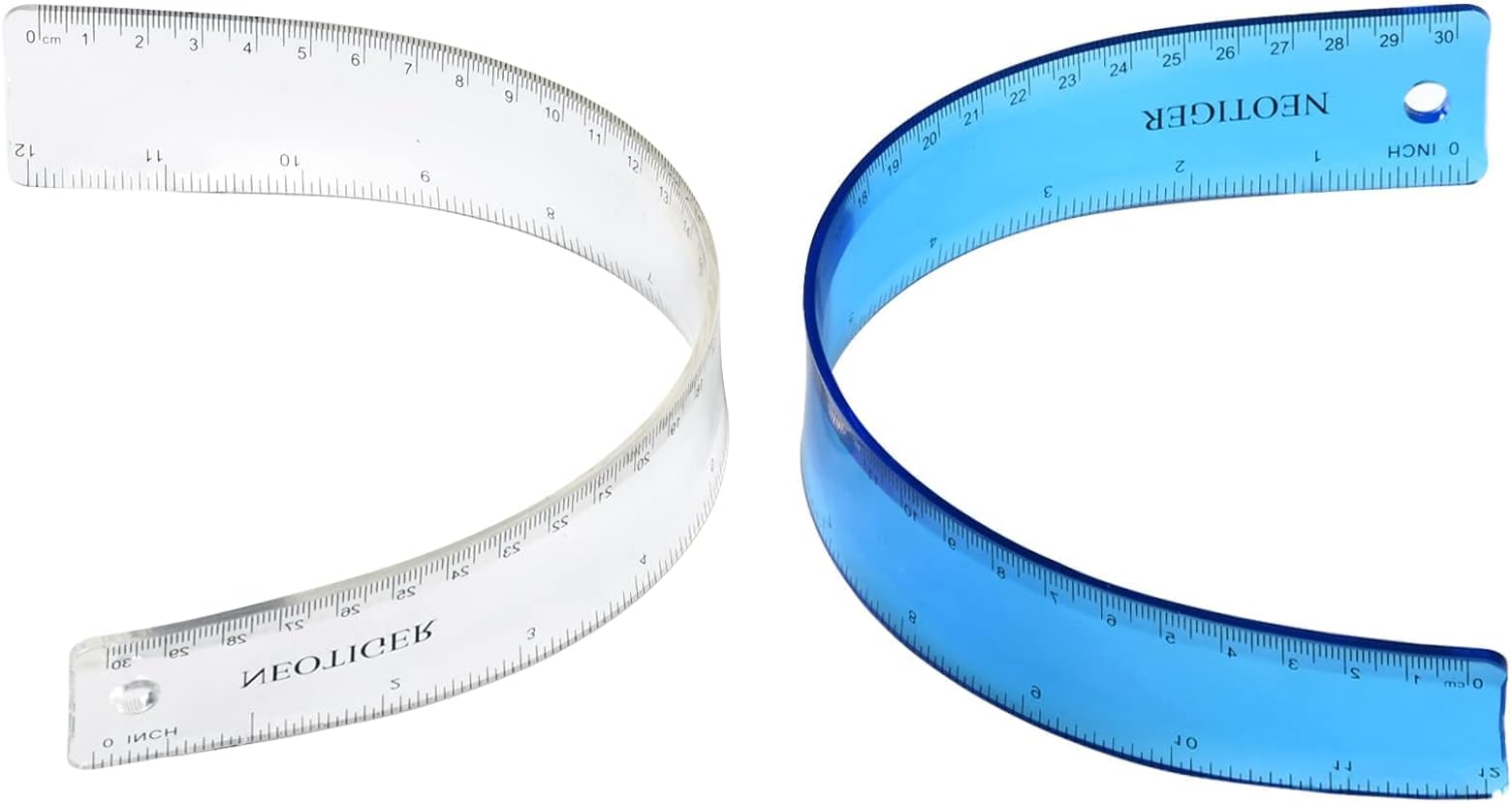 Flexible Shatterproof Bendable Unbreakable Safe Soft Transparent Clear Plastic Straight Flat Ruler, 30 cm/12 inch. Set of 2, Clear and Blue, for Home, School, Office, for Kids and Adults