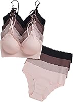 BEAUDRM Women's 4-Pack Seamless Scallop Trim V-Neck Padded Bralette & Low-Waist Panty Lingerie Set