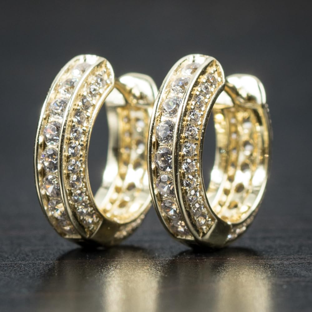 Men's Elegant Luxury Fashion Round Circle Fully Iced Cz Cartilage Cuff Yellow Gold Plated Sterling Silver Post Cubic Zirconia Huggie Small Hoop Earrings Gifts For Men Women - Image 6