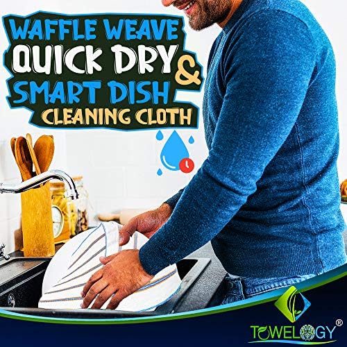 Towelogy® 5 Pack Cotton Dish Cloths Waffle Weave White Super Absorbent LINT FREE QUICK DRY Striped Kitchen Tea Towels Dishcloths for Washing Up Machine Washable 35x40cm (White Blue/Orange Stripes)