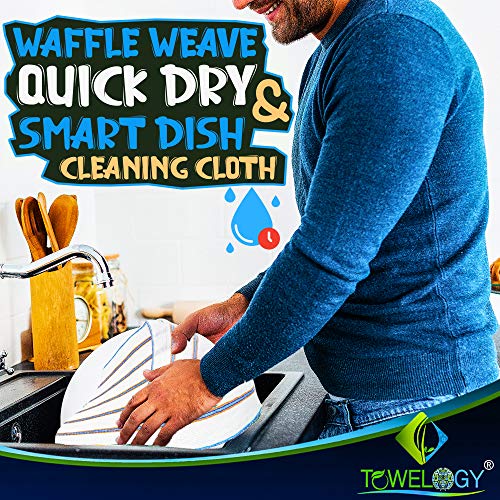 Image of Towelogy 20 Pack Cotton Dish Cloths Waffle Weave White Super Absorbent LINT FREE QUICK DRY Striped Kitchen Tea Towels Dishcloths for Washing Up Machine Washable 35x40cm (White Blue /Orange Stripes)