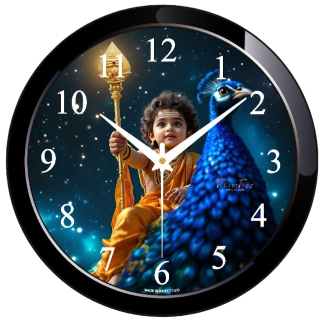10-inch Lord Murugan Devotional Wall Clock - Divine Kartikeya & Peacock Analog Timepiece with Step Movement for Home/Bedroom/Kitchen/Pooja Room & Gifting (Black Frame)-image-46