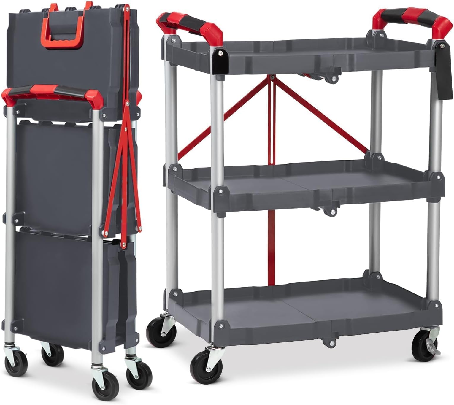 3-Tier Holds Foldable Utility Carts, Collapsible Service Rolling Carts with Wheels， for Home, Office, Garage, and Warehouse，No Installation Required