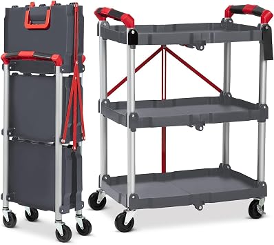 3-Tier Holds Foldable Utility Carts, Collapsible Service Rolling Carts with Wheels, for Home, Office, Garage, and Warehouse,No Installation Required