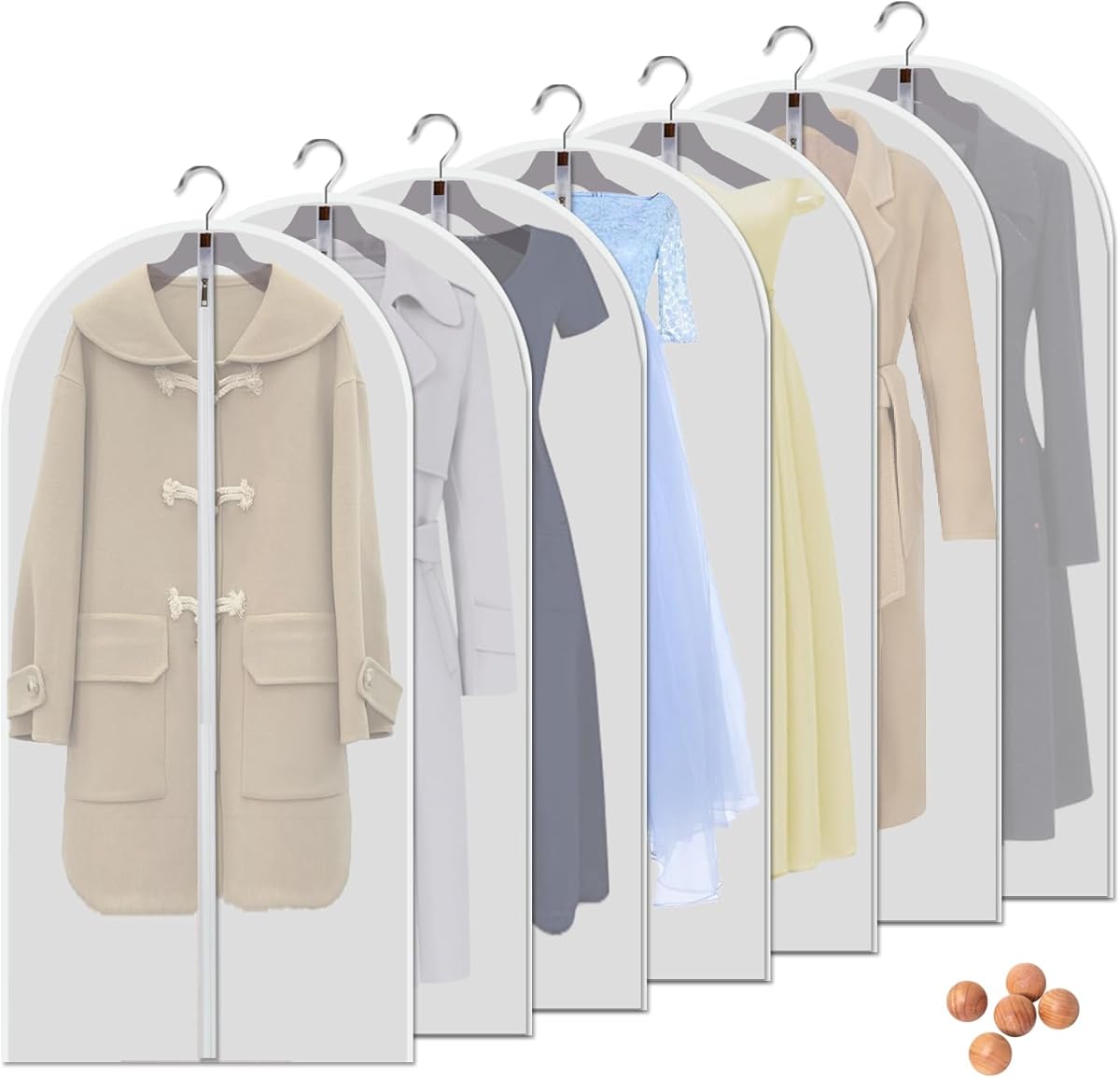 Vosigreen 7-Pack 48-Inch Clear Garment Bags - White Translucent Hanging Dust Covers for Closets, Travel, and Seasonal Clothing Storage