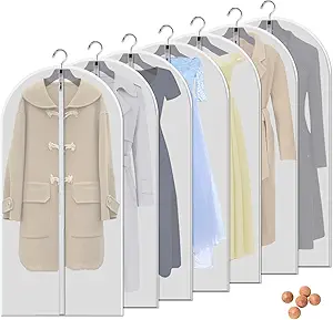 Vosigreen 7-Pack 48-Inch Clear Garment Bags - White Translucent Hanging Dust Covers for Closets, Travel, and Seasonal Clothing Storage
