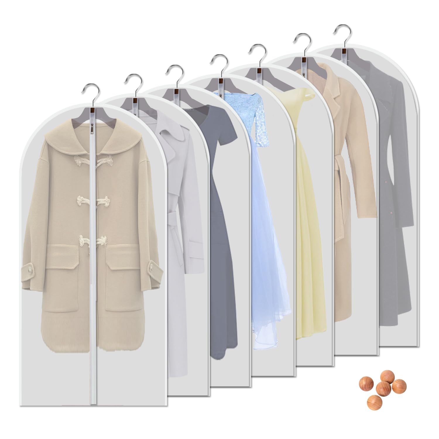 Juego de 7 bolsas colgantes para ropa, 48 pulgadas, translúcidas, a prueba de polvo, color blanco, transpirable, con cremallera completa, cubierta antipolvo para trajes, suéteres, rompevientos