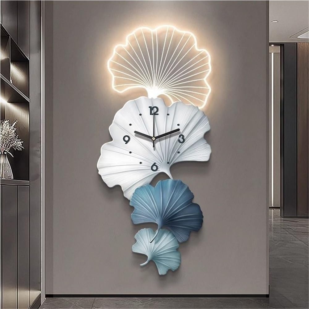 Orologio da parete con luci a LED, design elegante con foglie per soggiorno e camera da letto, decorazione da parete per corridoio e ingresso