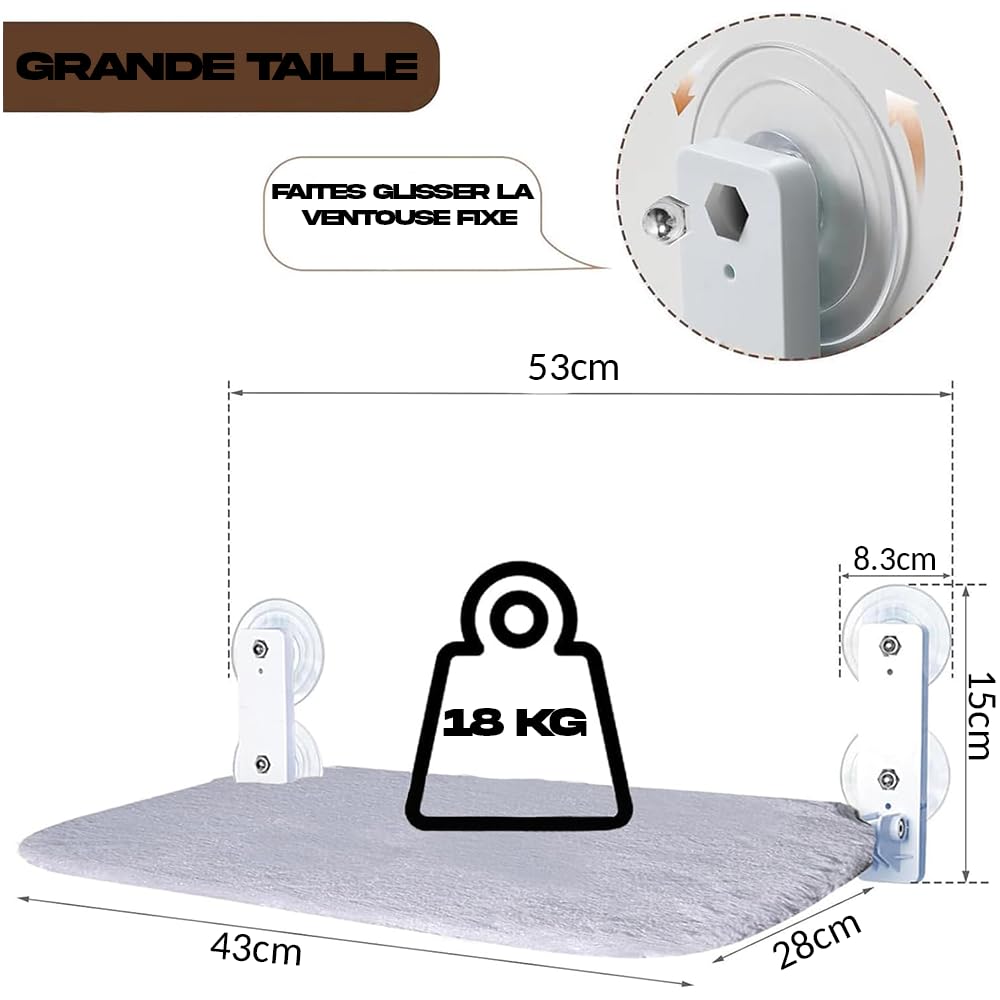 Hamac Chat Fenetre Pliable | Lit pour Chat avec Ventouses Renforcées | Tapis Réversible et Lavable Jusqu'à 18kg | Offert 3 Jouets + 2 ventouses de rechanges (Gris fenetre)
