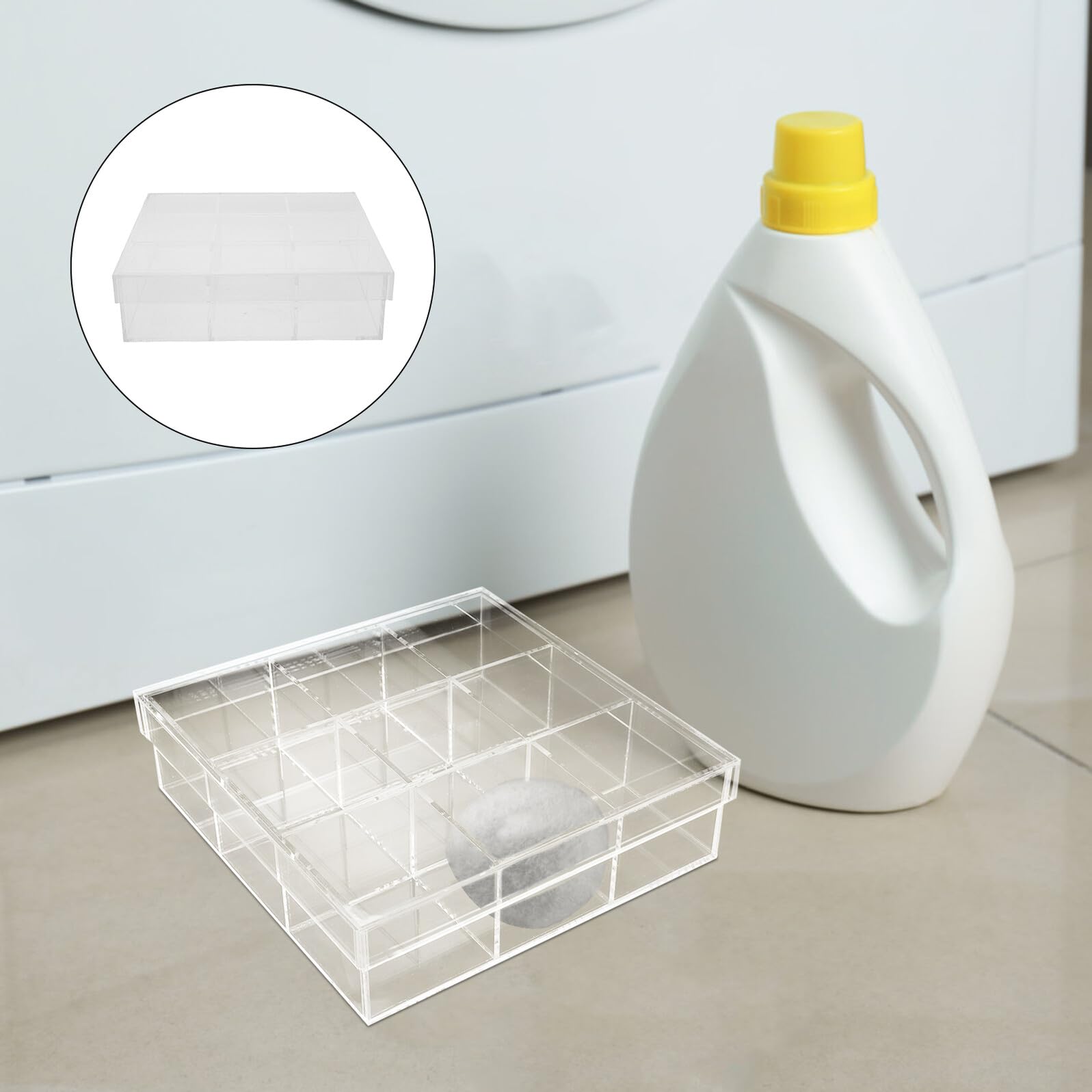 Soporte Transparente para Bolas de Secadora con Tapa Abatible, Caja Organizadora para Almacenamiento de Toallitas, Contenedor Resistente Prueba de Polvo para Lavandería