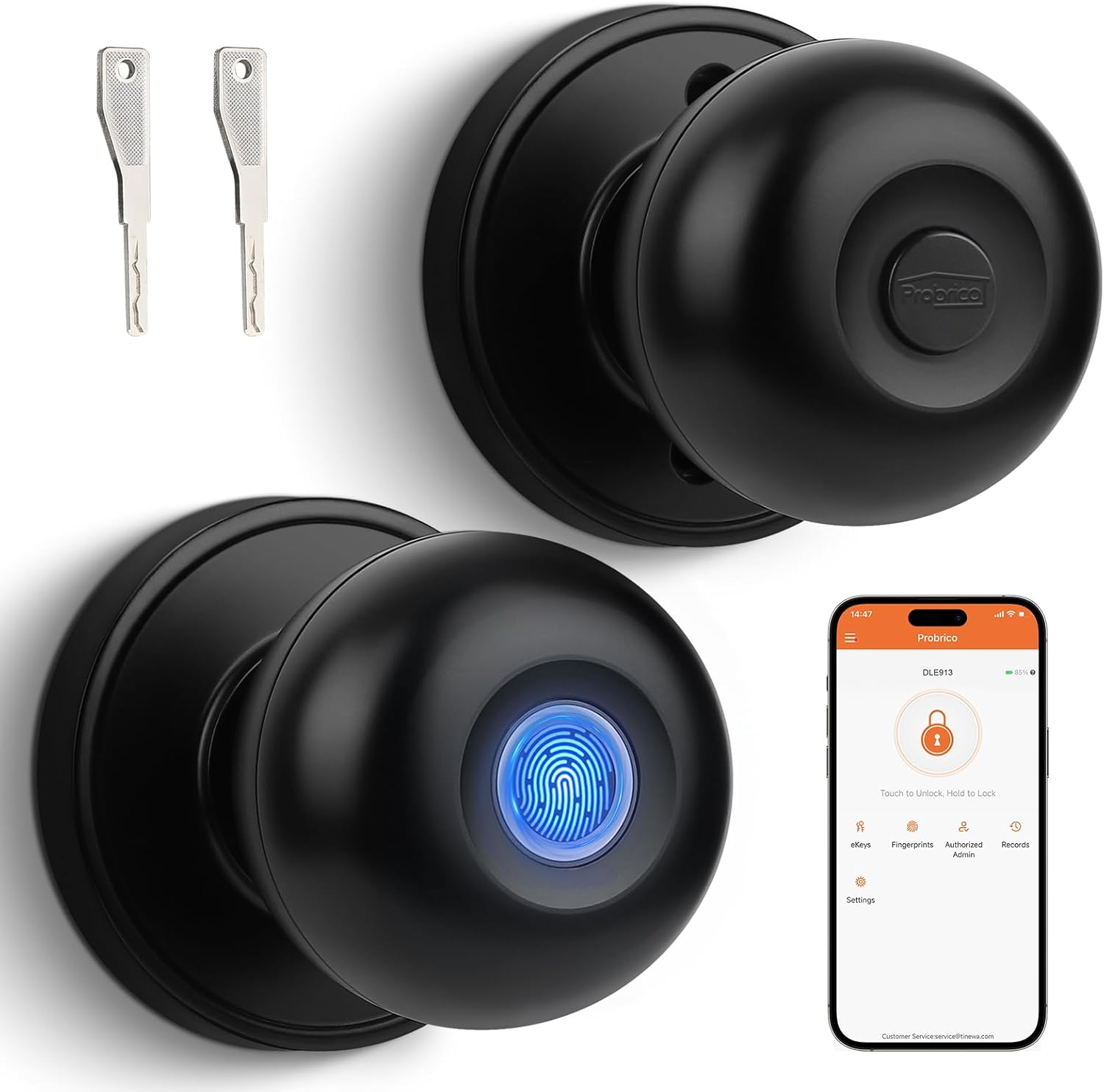 Probrico Fingerprint Door Lock, Smart Door Knob, Fingerprint Door Knob with APP Control for Bedroom, Garage, Office, Closet, Apartment, Round Electronic Door Lock, Black