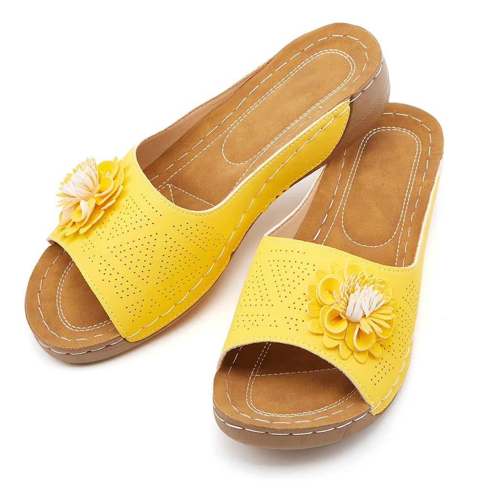 Rungion Womens Summer Beach Sandals Wedge Low Open Toe Slides Ladies Dressy Sandals Slipper Platform Comfortable Flower Sandals