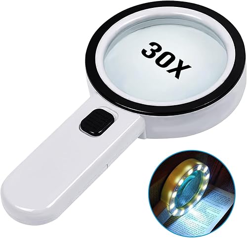 Lupa con luz, lupas iluminadas grandes de mano 30X, lupa de lectura con para personas mayores leer, monedas, sellos, mapa, inspección, degeneración