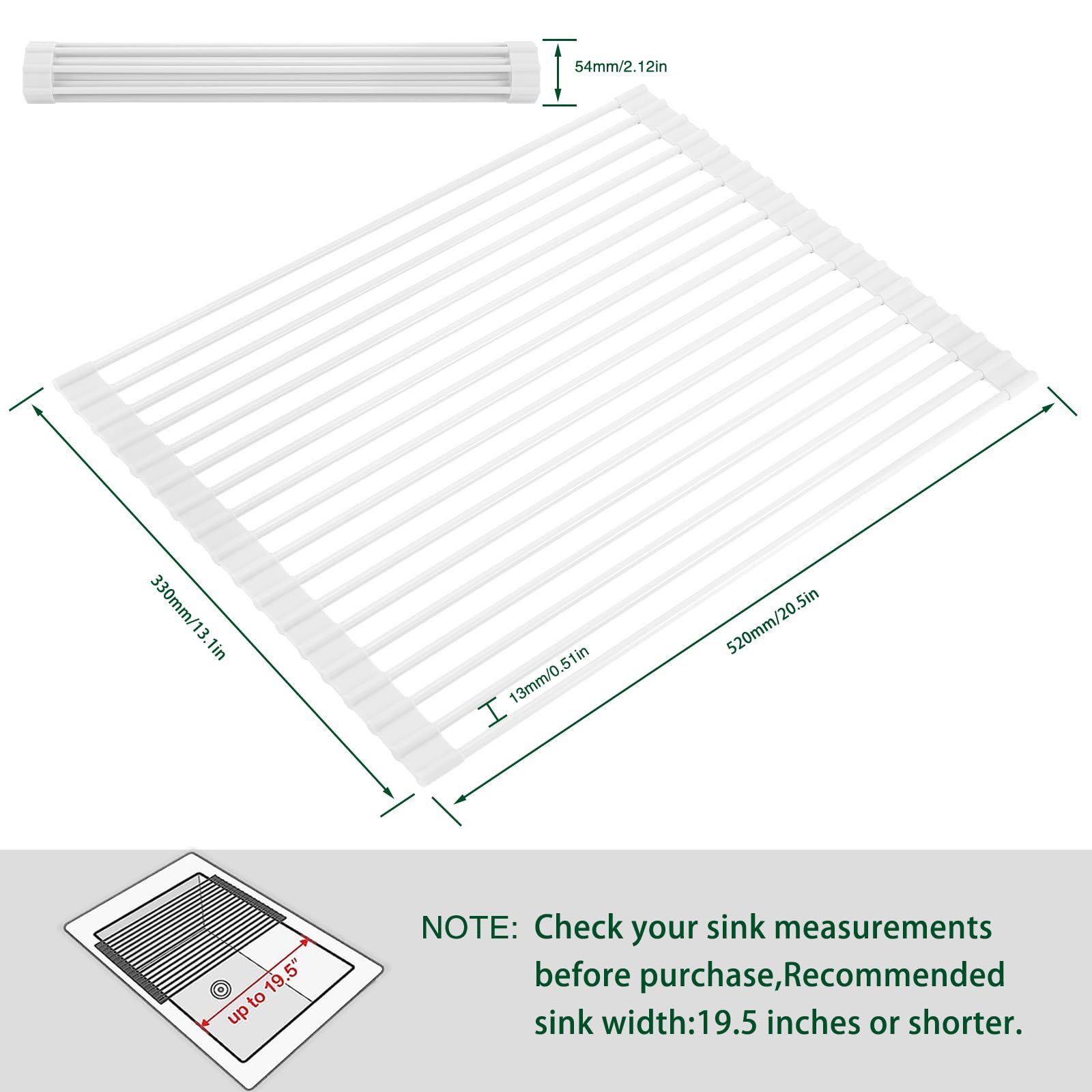 HANZENMA Scolapiatti arrotolabile sopra il lavello da cucina, arrotolabile, multiuso, pieghevole, resistente al calore, antiscivolo e antiruggine, per cucina, 52,1 x 33 cm, bianco