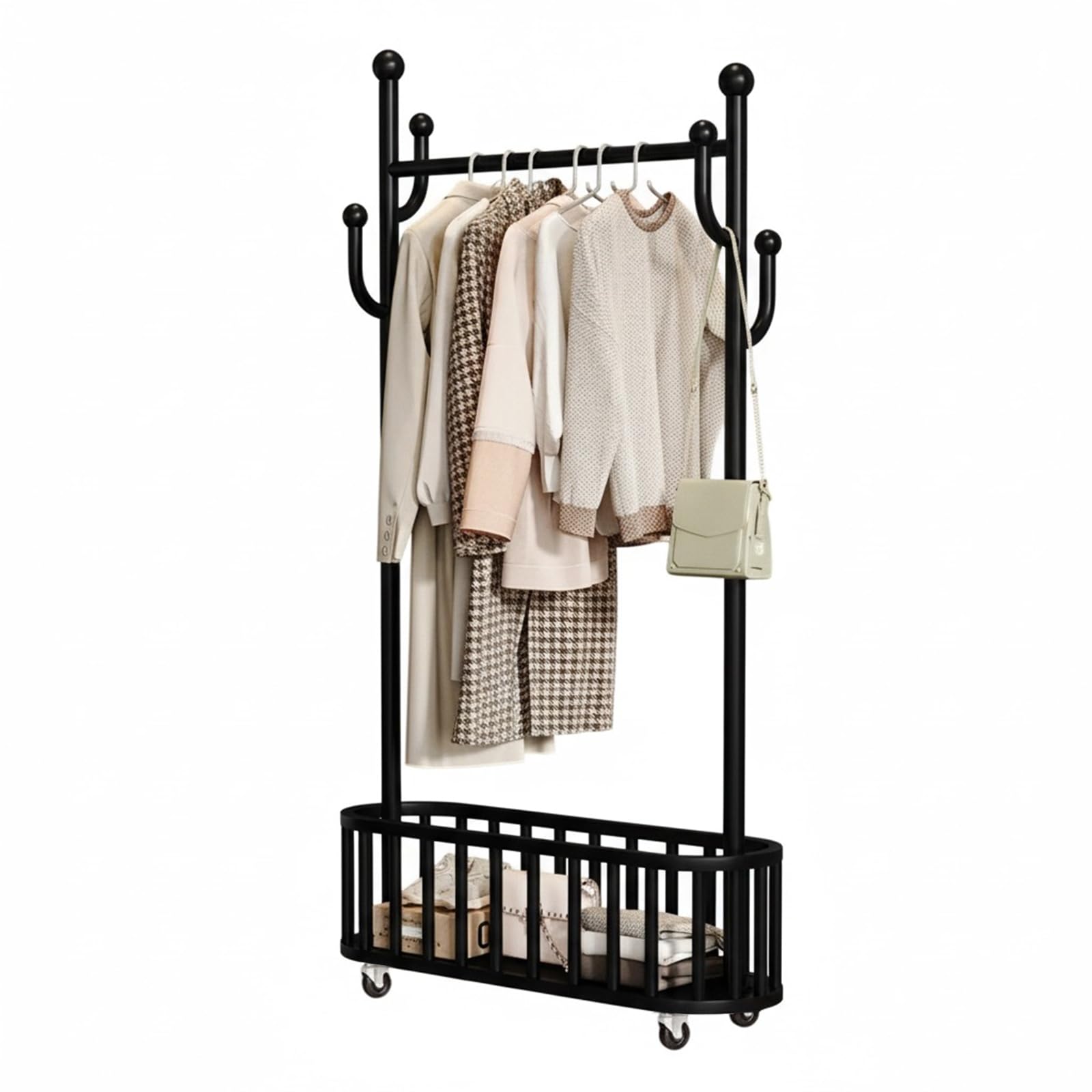 Garvee Black 80Cm Heavy Duty Metal Coat Rack With Wheels, Freestanding Rolling Garment Stand With Storage Shelf And 4 Hooks, Sturdy Organizer For Bedroom, Entryway, Closet, Laundry Room,