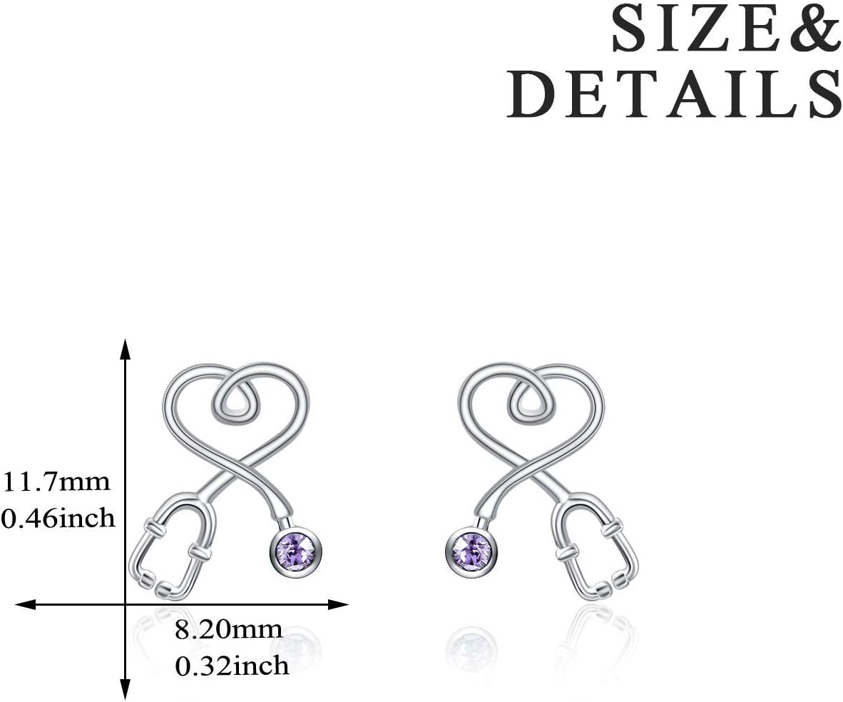 Stethoscope Earrings 925 Sterling Silver Heart Studs Earrings 12 Months Birthstone Crystals from Austria, Graduation Jewelry Gifts for Nurse Doctor RN Medical Student