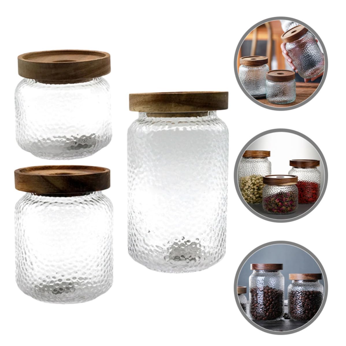 Recipientes de Vidrio Herméticos con Tapa de Madera de Acacia Juego de 3 Capacidad 350ml, 500ml y 700ml y Multipropósito para Almacenamiento de Café, Té y Frutos Secos