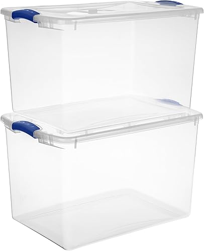 Miniatura 3 de Paquete de 2, 66 cuartos de galón, contenedores grandes de plástico transparente con pestillo azul, cajas apilables para organización del hogar y la