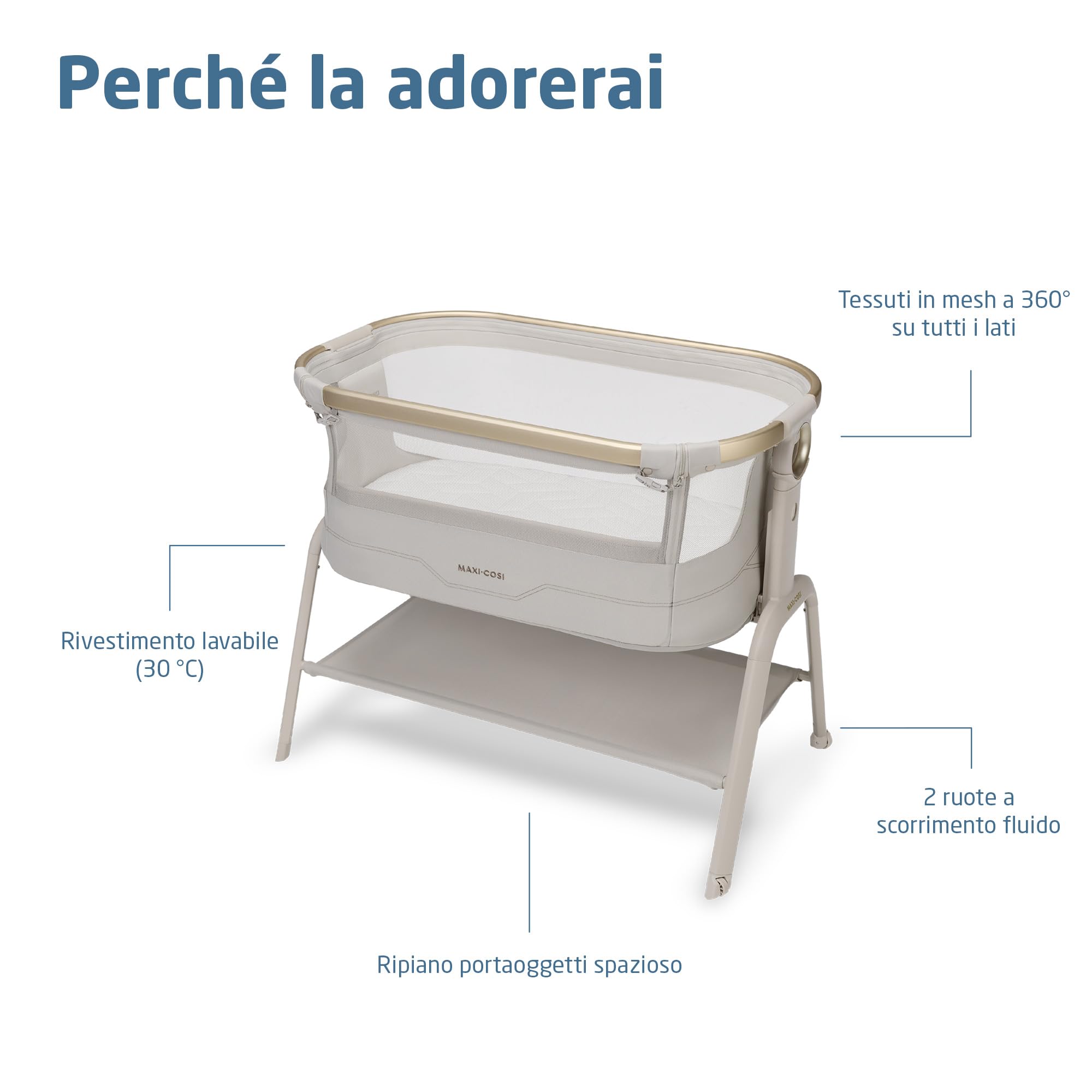Maxi Cosi Iora² Culla Co-Sleeping, 0–6 Mesi (9 kg), Culla Neonato Fianco Letto Pieghevole e Leggera, Materasso 5 cm CloudCore, 5 Livelli, 2 Ruote Scorrevoli, Funzione Easy Slide, Elegance Beige