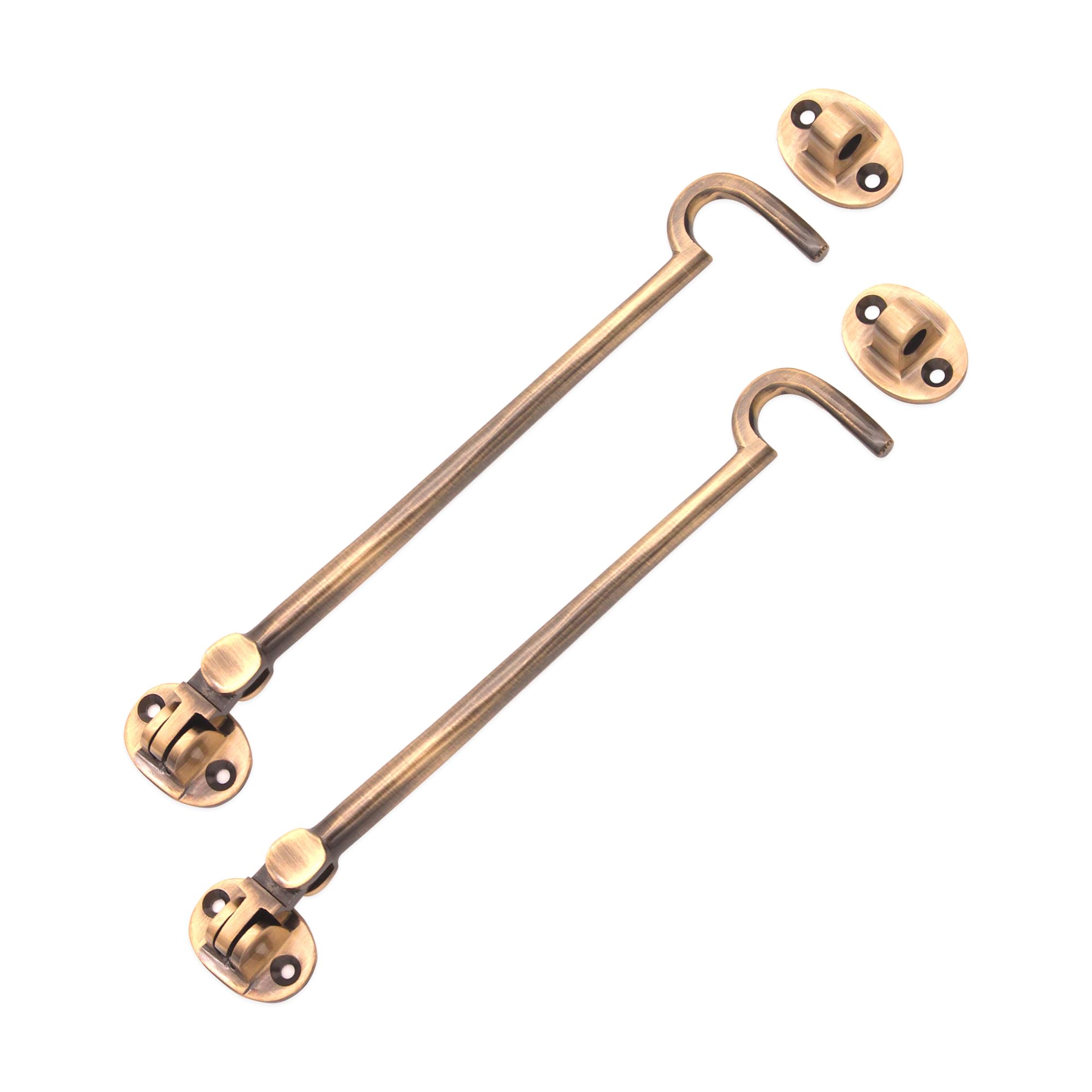 Pack of 2, 8" (200mm) Heavy Duty Brass Cabin Hook & Eye Silent Catch/Latch/Holder/Back Gate/Shed/Patio Door in Various Finishes (Antique)