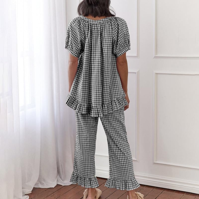 Image of Argeousgor Women Plaid 2 Piece Pajama Set Button Down Puff Sleeve Babydoll Shirt Gingham Pants Pj Lounge Set Sleepwear