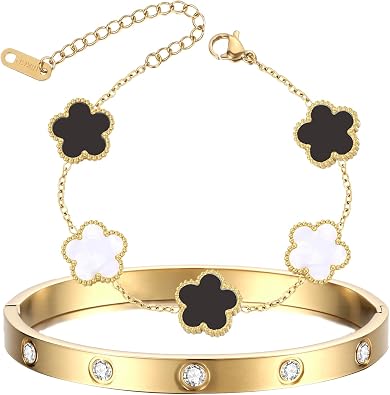 2Pcs 18K Gold Plated Clover Bracelet Gold Stack Bracelets for Women Lucky Flower Clover Bracelets Jewelry Gold Bracelet Set Trendy Jewelry Christmas Valentines Gifts for Women