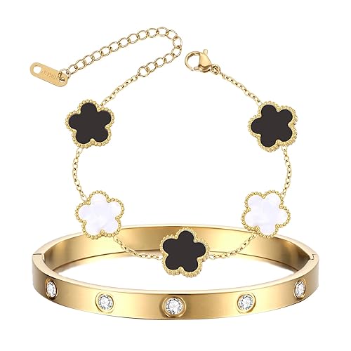 Letakle 2Pcs 18K Gold Plated Clover Bracelet Gold Stack Bracelets for Women Lucky Flower Clover Bracelets Jewelry Gold Bracelet Set Trendy Jewelry Christmas Valentines Gifts for Women - Black+White