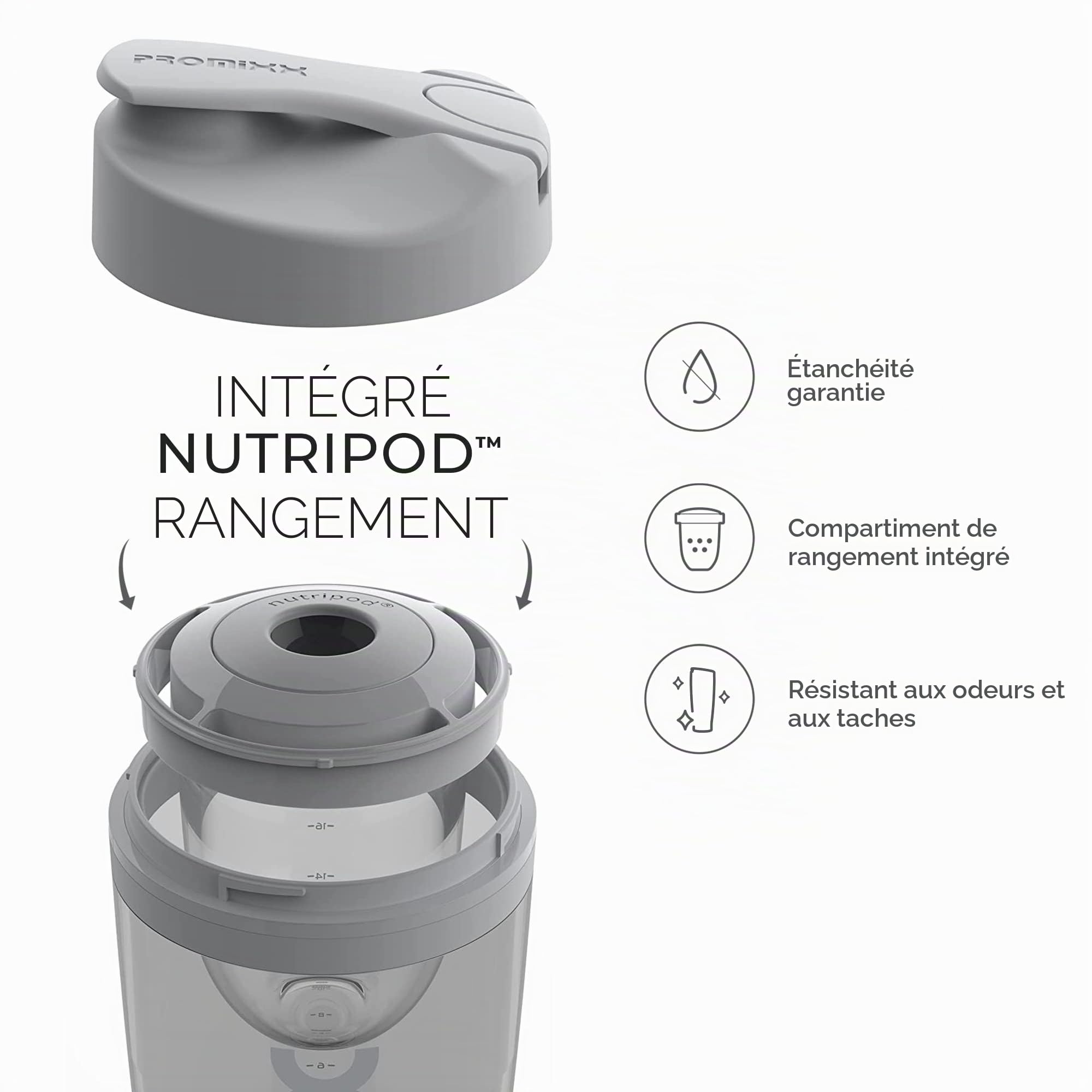 Promixx Pro Shaker Bottle - Rechargeable, Puissant pour des shakes Protéinés Lisses - Comprend un Stockage Supplémentaire - sans BPA, Gobelet 600ml (Gris Cool)