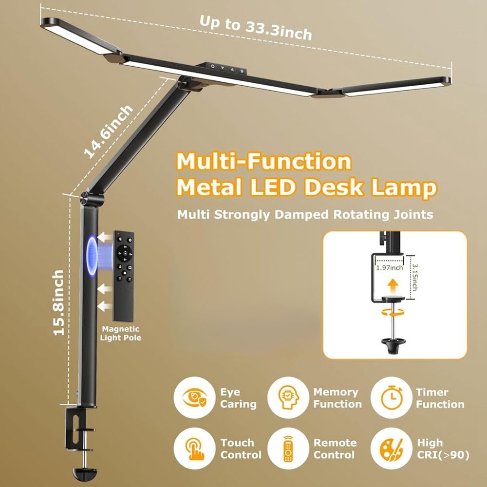 LED-Schreibtischlampe mit Klemme, Architekten-Schreibtischlampe mit Fernbedienung, 24 W Ultrahelle Schreibtischleuchte mit Stufenloser Dimmfunktion, EU-Stecker